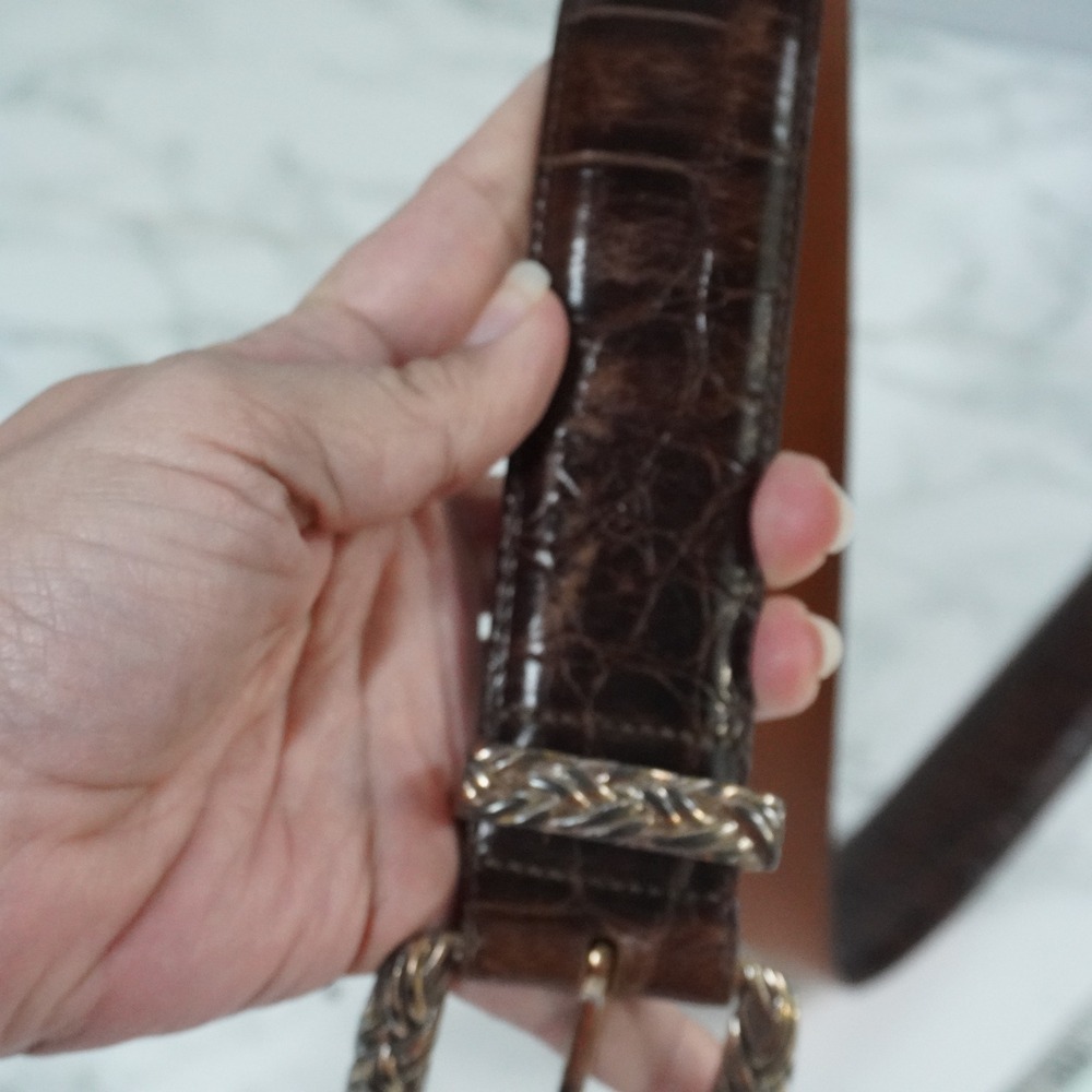 VTG Brighton Brown Crocodile Embossed Leather Belt Silver Braided Buckle M 47209 - Picture 8 of 8